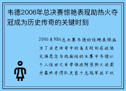 韦德2006年总决赛惊艳表现助热火夺冠成为历史传奇的关键时刻